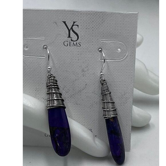 YS gems Purple Copper Turquoise Sterling Silver Teardrop Wrapped artisan Earring - Picture 2 of 10